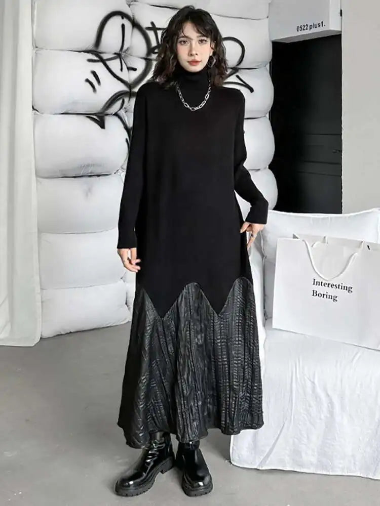 Women Black Knitting Pleated Big Size Long Dress New Turtleneck Long Sleeve Fashion Tide Spring Autumn 2025 1DH1599