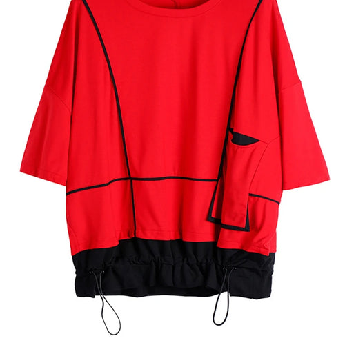 Load image into Gallery viewer, Women Red Pocket Split Joint Big Size T-shirt New Round Neck Three-quarter Sleeve Fashion Tide Spring Summer 2025 1U622
