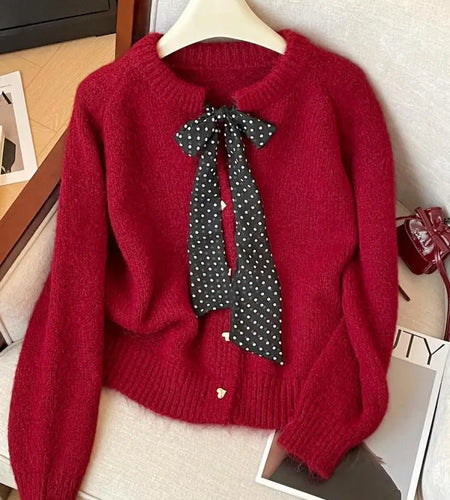 French Vintage Autumn Winter Beige Red Elegant Short Sweater Women's 2024 New Yellow Round Neck Bow Long Sleeved Knitted Tops