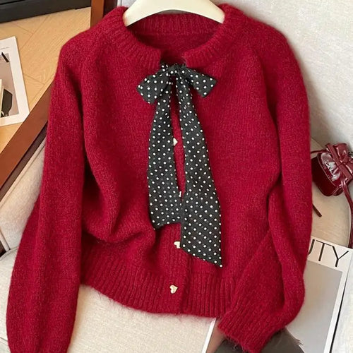 Load image into Gallery viewer, French Vintage Autumn Winter Beige Red Elegant Short Sweater Women's 2024 New Yellow Round Neck Bow Long Sleeved Knitted Tops
