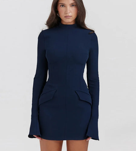 Dark Blue Two Pocket Sexy Mini Dress For Women 2023 Autumn Winter New Long Sleeve Bodycon Club Party Dress Elegant
