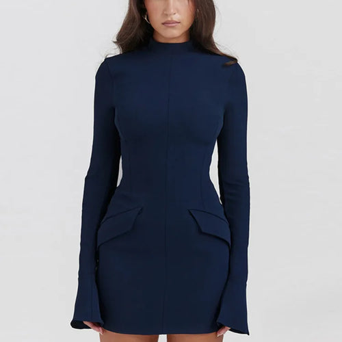 Load image into Gallery viewer, Dark Blue Two Pocket Sexy Mini Dress For Women 2023 Autumn Winter New Long Sleeve Bodycon Club Party Dress Elegant
