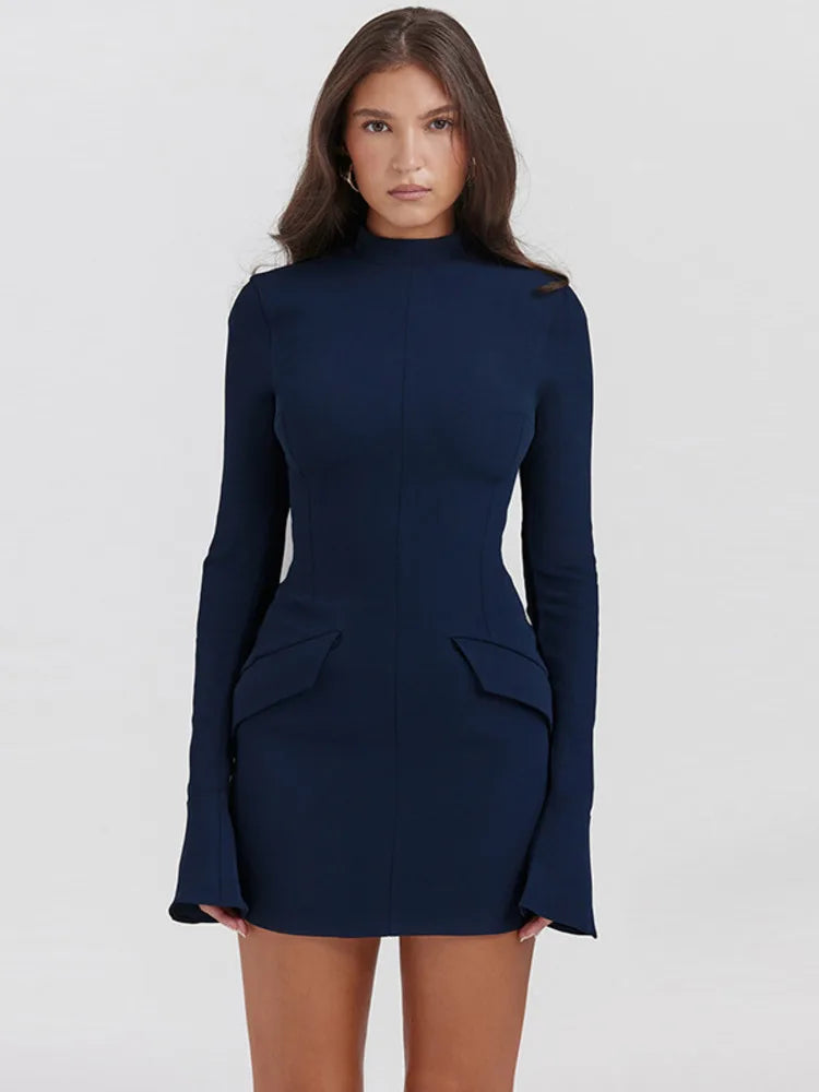 Dark Blue Two Pocket Sexy Mini Dress For Women 2023 Autumn Winter New Long Sleeve Bodycon Club Party Dress Elegant