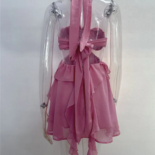 Load image into Gallery viewer, Rose Halter Backless Sexy Mini Dress Women Pink Off-shoulder Strapless Sleeveless High Waist Club Party Beach Dress
