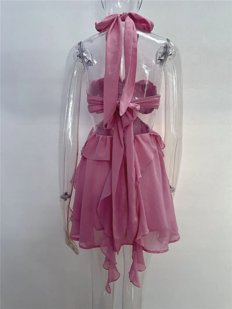 Rose Halter Backless Sexy Mini Dress Women Pink Off-shoulder Strapless Sleeveless High Waist Club Party Beach Dress