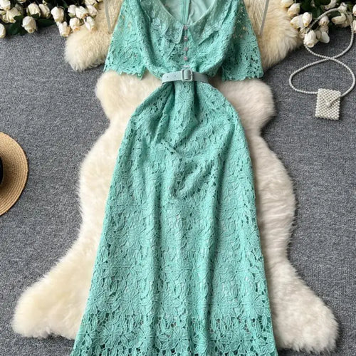 Load image into Gallery viewer, Summer Solid High Waist Button Birthday Lace Long Dress Women French Retro Elegant Short Sleeve Festival Party Evening Dress New
