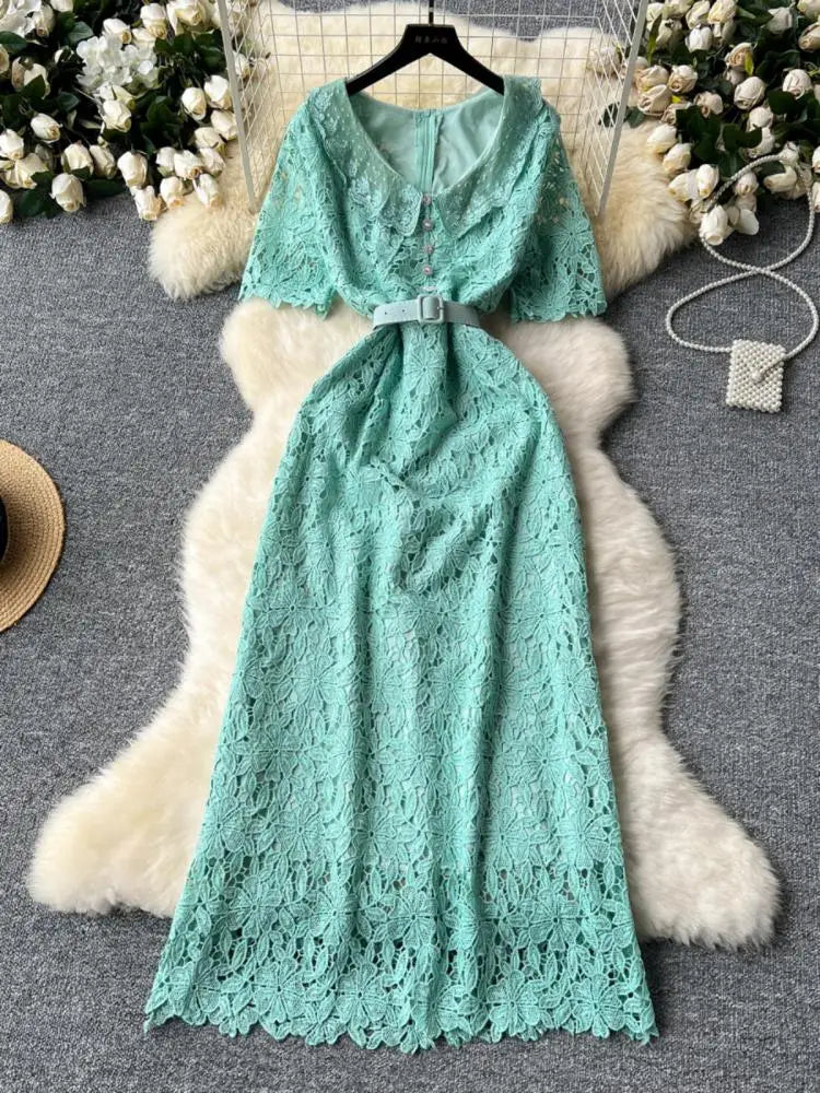 Summer Solid High Waist Button Birthday Lace Long Dress Women French Retro Elegant Short Sleeve Festival Party Evening Dress New