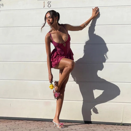 Load image into Gallery viewer, Lace Spaghetti Strap Sexy Mini Dress For Women Fashion Hollow Out Sleeveless Backless High Waist Ruffled Dress Elegant
