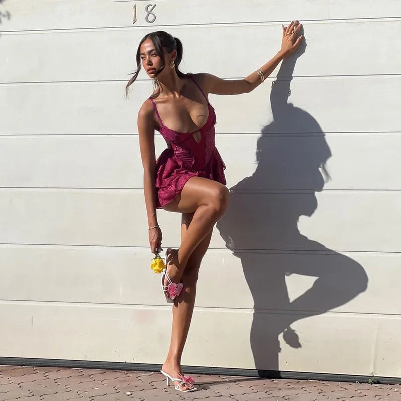 Lace Spaghetti Strap Sexy Mini Dress For Women Fashion Hollow Out Sleeveless Backless High Waist Ruffled Dress Elegant