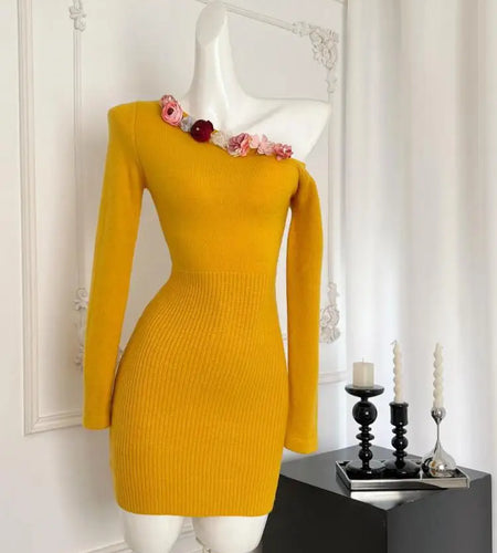 Korean Fashion Yellow Elegant Flower Decoration Slim Knit Dress Vintage Women New Romantic Long Sleeves Short Dress Autumn Trend