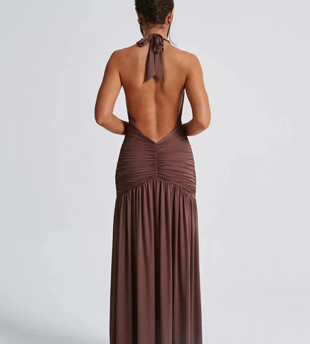 Sexy Hanging Collar Deep V-pleated Split Long Skirt For Women's Elegant Backless Bodycon Evening Dress Summer Partywear