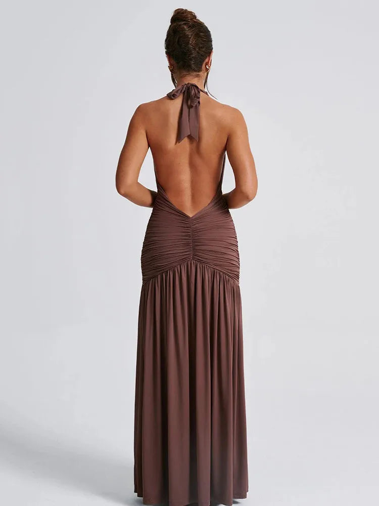 Sexy Hanging Collar Deep V-pleated Split Long Skirt For Women's Elegant Backless Bodycon Evening Dress Summer Partywear