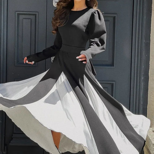 Load image into Gallery viewer, Patchwork Long Sleeve Maxi Dress For Women Autumn Winter New O Neck Color Contrast Lace-up Elegant Long Dress Fashion
