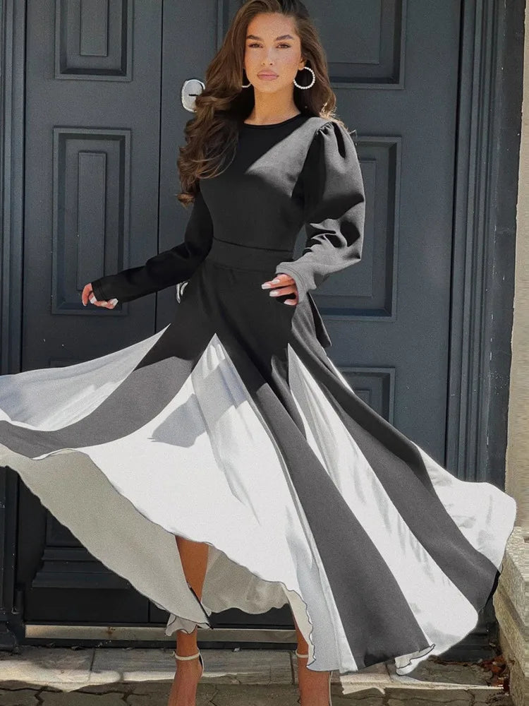 Patchwork Long Sleeve Maxi Dress For Women Autumn Winter New O Neck Color Contrast Lace-up Elegant Long Dress Fashion