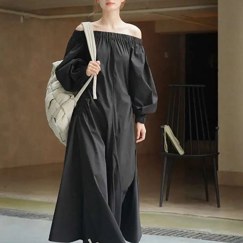 Load image into Gallery viewer, Women Black Brief Long Elegant Dress New Slash Neck Long Puff Sleeve Loose Fit Fashion Tide Spring Autumn 2025 1DF9947
