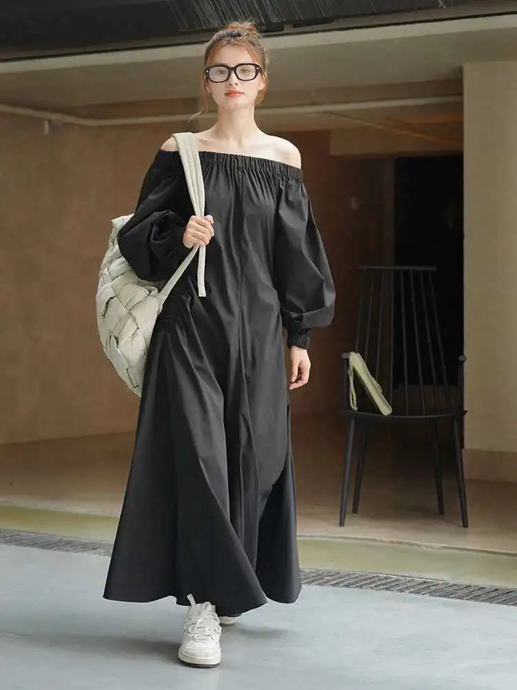 Women Black Brief Long Elegant Dress New Slash Neck Long Puff Sleeve Loose Fit Fashion Tide Spring Autumn 2025 1DF9947
