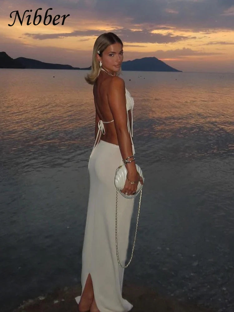 Knit Women 2 Piece Set Temperament Flowers Tassel Halter Camisole+Long Skirts Matching Skinny Stretch Vacation Outfits