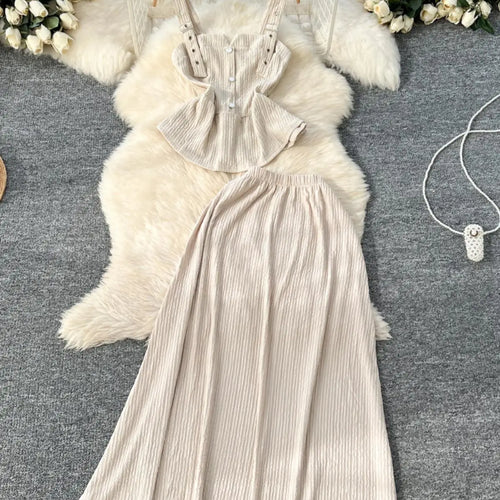 Load image into Gallery viewer, Summer Two Pieces Set Women Solid Sexy Club Elegant Button Backless Short Slip Tops And High Waist Pleated Long Skirt Suit Korea
