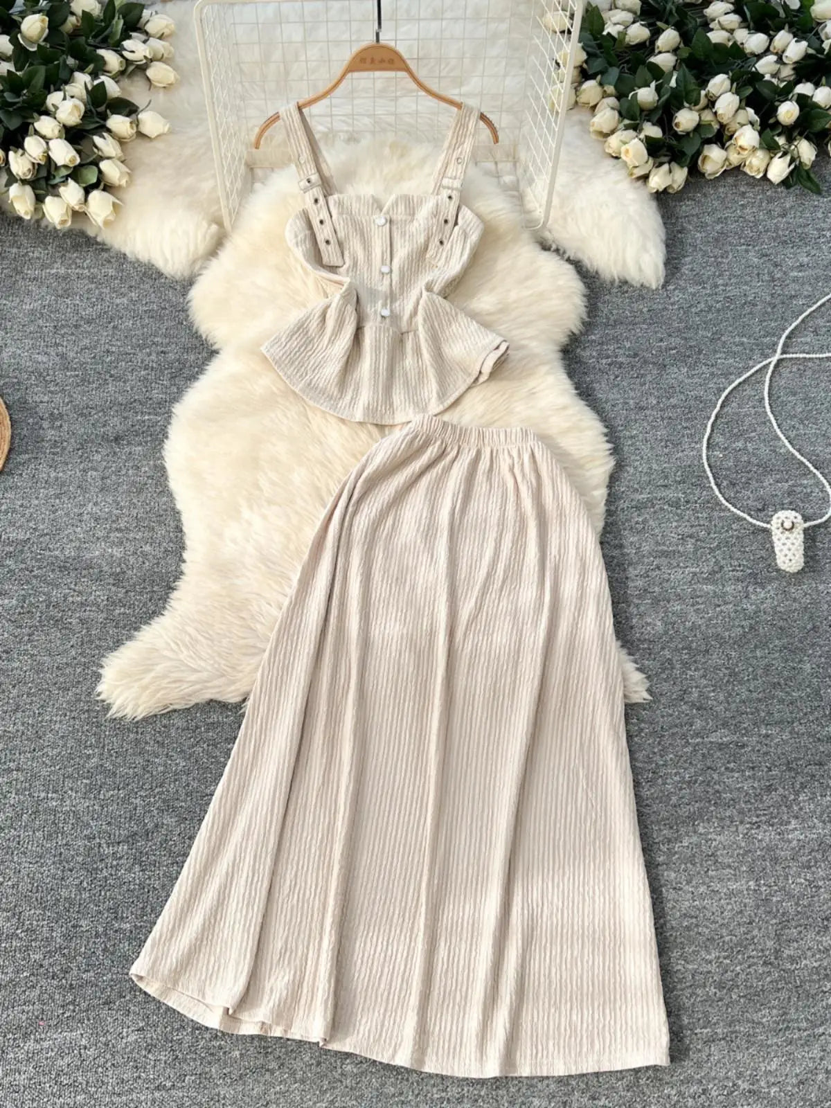 Summer Two Pieces Set Women Solid Sexy Club Elegant Button Backless Short Slip Tops And High Waist Pleated Long Skirt Suit Korea