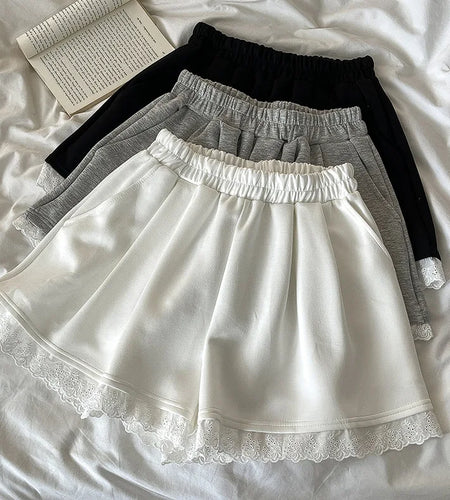 Black White High Waist Slim Mini Pleated Shorts 2024 Spring Summer Fashion Ladies Sweet Gray Lace Shorts For Women Clothes Trend