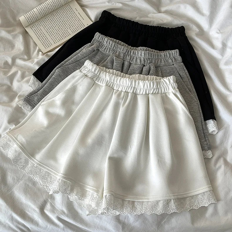Black White High Waist Slim Mini Pleated Shorts 2024 Spring Summer Fashion Ladies Sweet Gray Lace Shorts For Women Clothes Trend