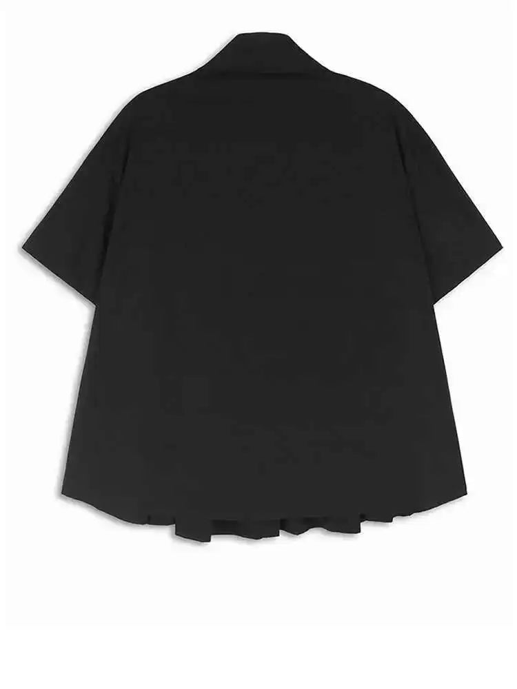 Women Black Dot Printed Pleated Big Size Blouse New Lapel Short Sleeve Shirt Fashion Tide Spring Summer 2025 1DH6763