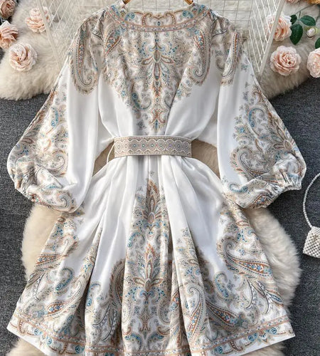 French Retro Women Black Print Single Breasted Short Dresses Autumn Winter Beige Slim Lantern Sleeve Mini Dress Ladies Bohemian