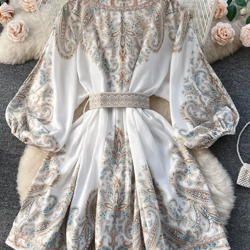 Load image into Gallery viewer, French Retro Women Black Print Single Breasted Short Dresses Autumn Winter Beige Slim Lantern Sleeve Mini Dress Ladies Bohemian
