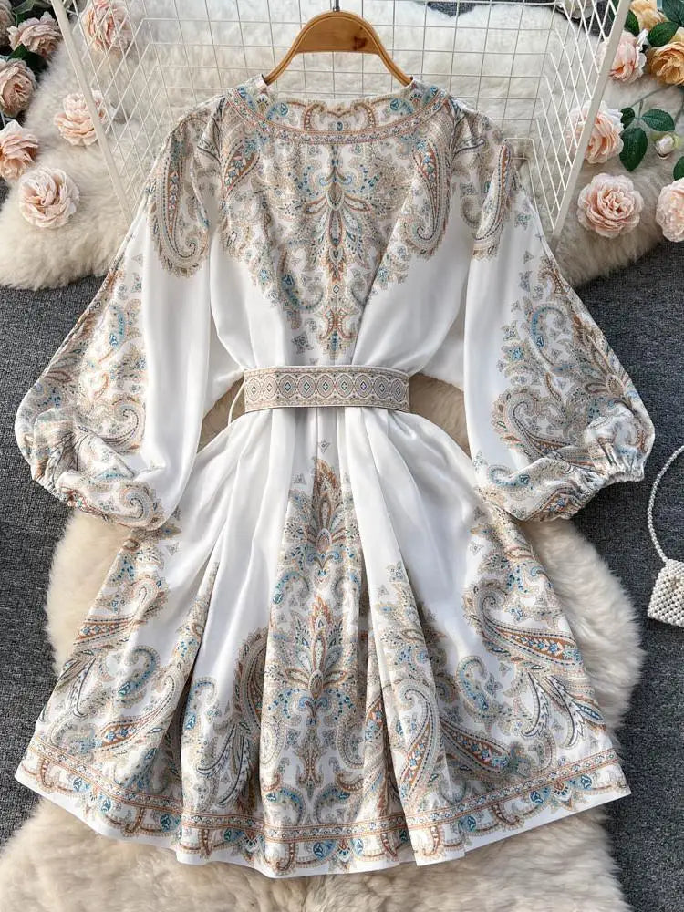 French Retro Women Black Print Single Breasted Short Dresses Autumn Winter Beige Slim Lantern Sleeve Mini Dress Ladies Bohemian