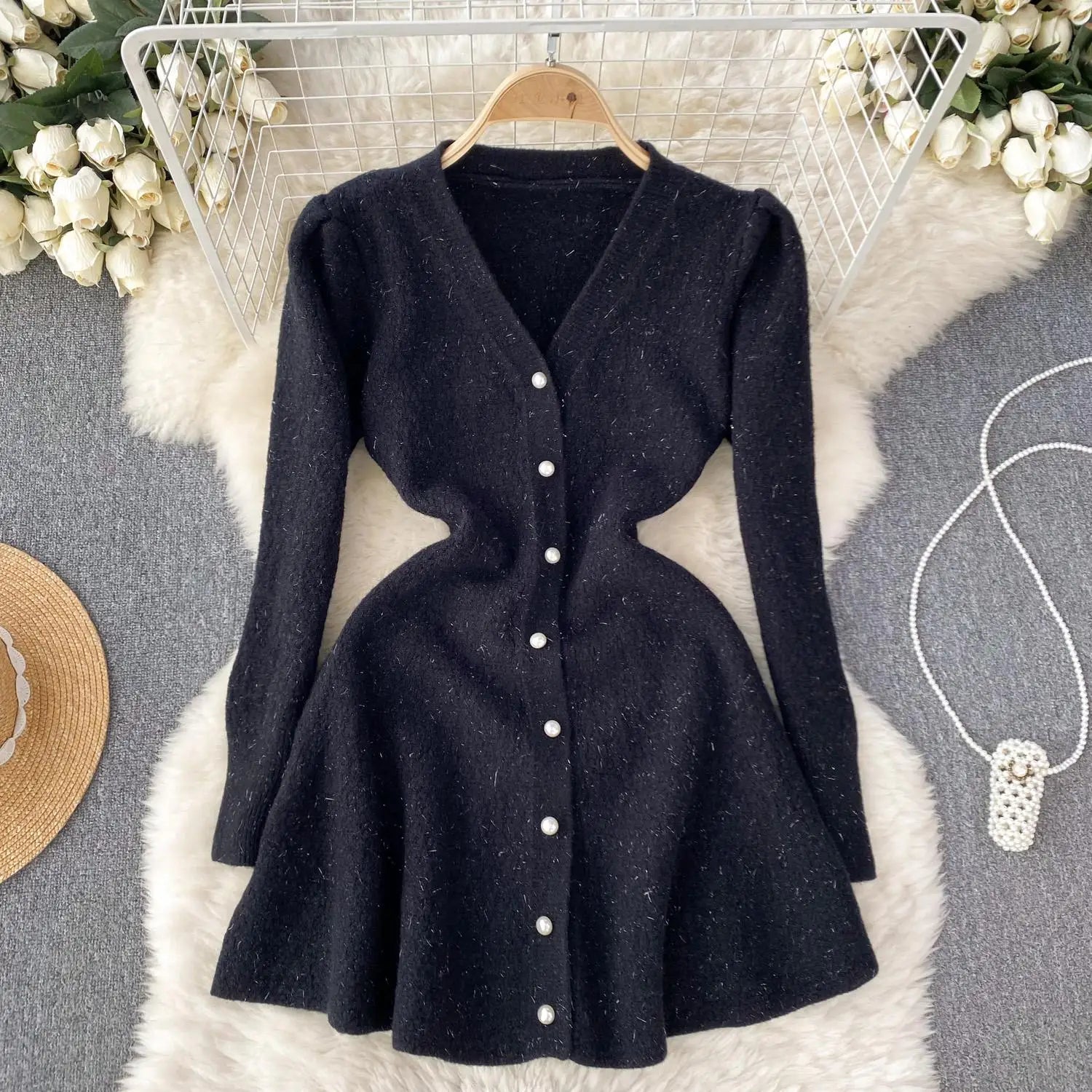 French Fashion Women Solid Single Breasted Elegant V Neck Short Dress Autumn Winter Long Sleeves Knitted Sweater Mini Dress Chic