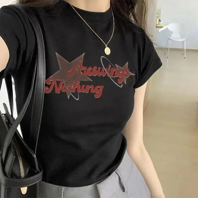Cotton Woman Tshirts 2024 Ropa Mujer Slim Fit O-neck Short Sleeve Tees Casual Fashion Print T Shirts Korean Vintage Y2k T-shirt