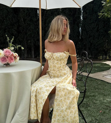 Spaghetti Strap Summer Dress 2024 Elegant Midi Yellow Floral Print Dress Slit Sexy Birthday Party Dresses Women