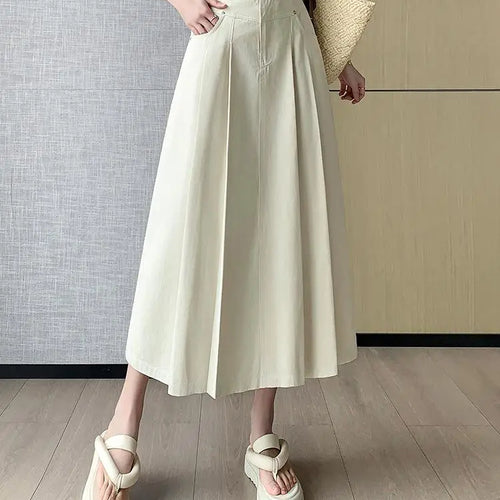 Load image into Gallery viewer, Black Beige Denim Long Skirt For Women 2024 Spring Summer New Brown High Waist Pleated A-line Umbrella Jean Skirts Office Lady

