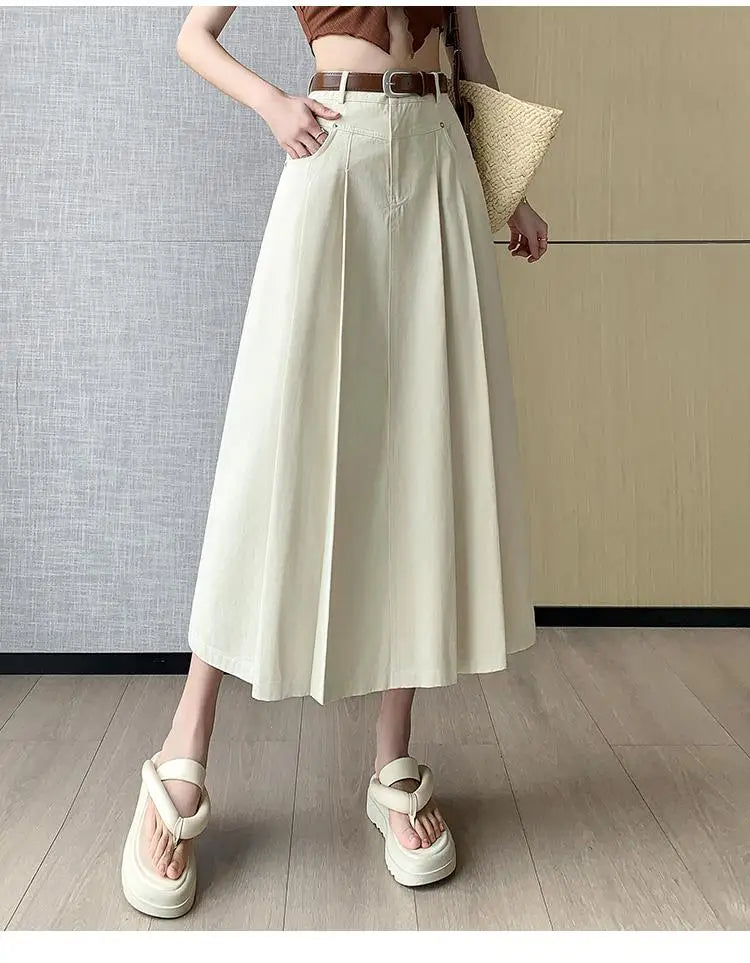Black Beige Denim Long Skirt For Women 2024 Spring Summer New Brown High Waist Pleated A-line Umbrella Jean Skirts Office Lady