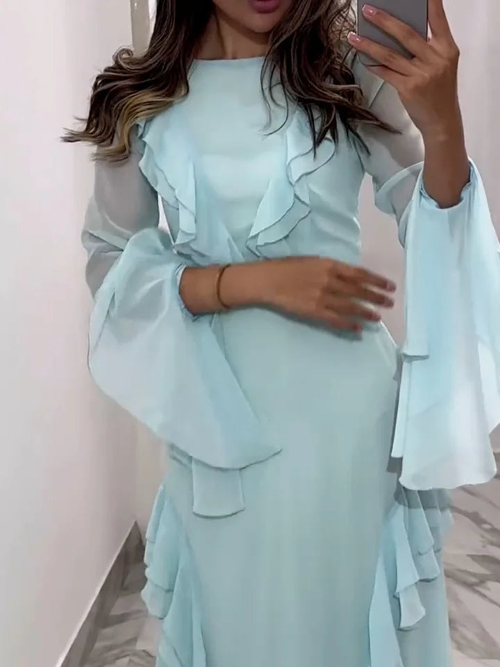 Elegant Long Sleeved Ruffled Bodycon Women Dress Fall 2024 New Mesh Hollow Out Evening Dress Slim Fit Party Club Vestidos