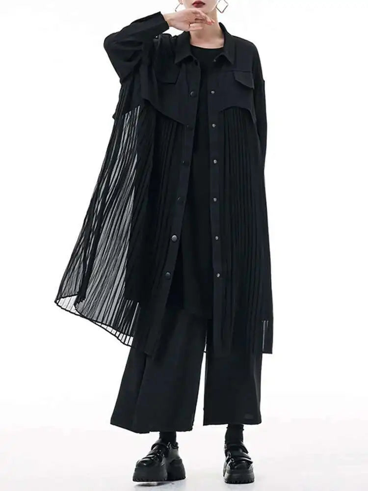 Women Army Green Pleated Spliced Big Size Midi Shirt Dress New Lapel Long Sleeve Fashion Tide Spring Autumn 2025 1DH6927
