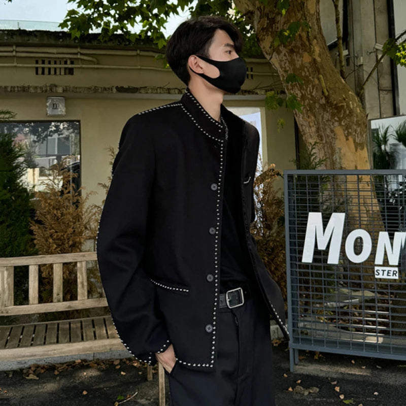 Korean Style Men's Jackets Stand Collar Rivets Design Solid Color Single Breasted Casual Short Male Coats Autumn 9C9207