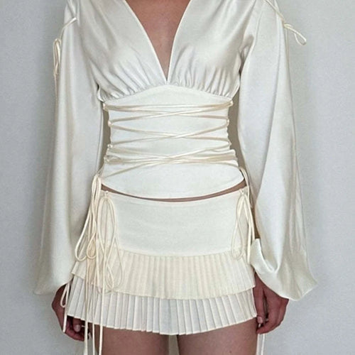 Load image into Gallery viewer, Lace-up Long Sleeve Sexy T-shirt Women Tops White Bandage Deep V Neck Ruched Slim Tees Ladies Fashion Solid Tops
