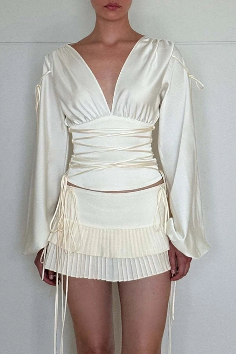 Lace-up Long Sleeve Sexy T-shirt Women Tops White Bandage Deep V Neck Ruched Slim Tees Ladies Fashion Solid Tops