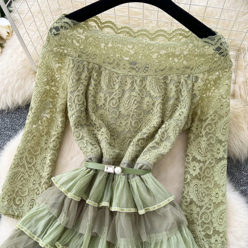 Load image into Gallery viewer, French Retro 2025 Spring New Green Patchwork Lace Elegant Party Long Sleeves Dress Women Off Shoulder Ruffles Pleated Cake Dress
