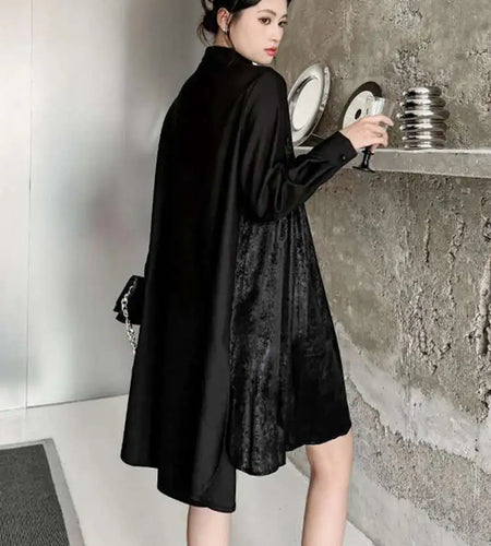 Women Black Velvet Big Size Pleated Mini Shirt Dress New Lapel Long Sleeve Fashion Tide Spring Autumn 2025 1DH5157