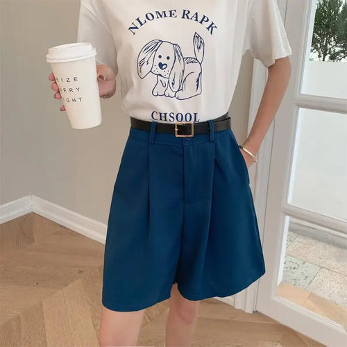 Load image into Gallery viewer, Summer New Black Blue Loose High Waist Wide Leg Pleated Shorts Korean Version Women Gray Office Short Pant Casual Fashion Simple
