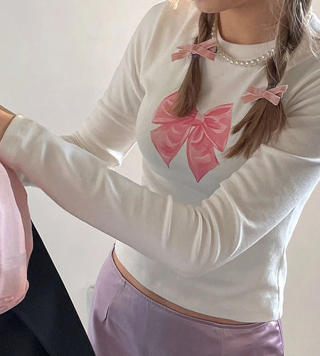Cutecore Bow Print White Autumn T shirt Women Slim Korean Coquette Clothes Tee Pullover Kawaii Sweet Top Crop Casual