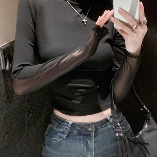 Load image into Gallery viewer, Half Turtleneck Sweet Y2k Aesthetic T-shirt Harajuku Gauze Butterfly Design Women Crop Top New Vintage Sexy Streetwear Slim Tees
