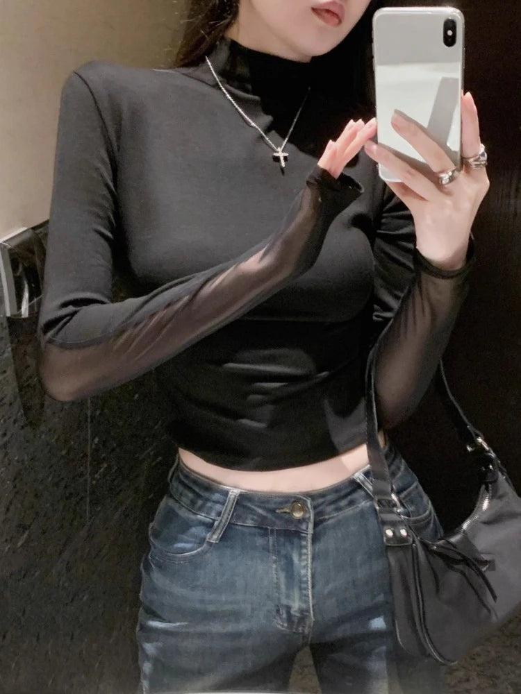 Half Turtleneck Sweet Y2k Aesthetic T-shirt Harajuku Gauze Butterfly Design Women Crop Top New Vintage Sexy Streetwear Slim Tees