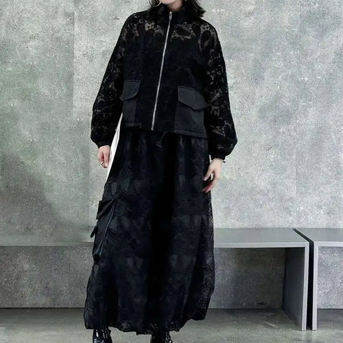 Load image into Gallery viewer, Black Lace Jacket Pocket Skirt Two Pieces Suit New Stand Collar Long Sleeve Women Fashion Tide Spring Autumn 2025 1DJ0248
