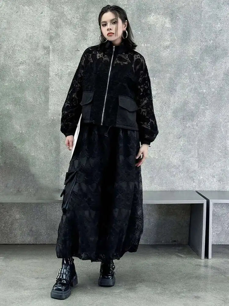 Black Lace Jacket Pocket Skirt Two Pieces Suit New Stand Collar Long Sleeve Women Fashion Tide Spring Autumn 2025 1DJ0248