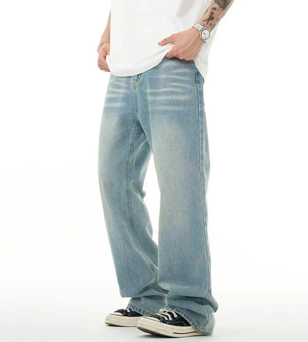 High Street Men's Washed Denim Pants American Style Loose Straight Wide Leg Trendy Solid Color Male Summer Bottoms 9W1741