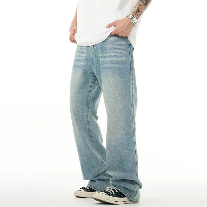 High Street Men's Washed Denim Pants American Style Loose Straight Wide Leg Trendy Solid Color Male Summer Bottoms 9W1741