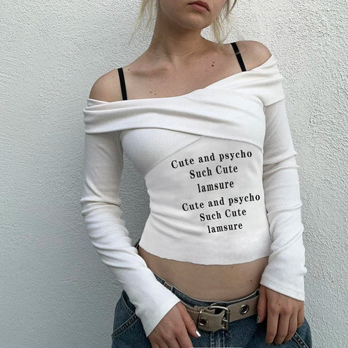 Load image into Gallery viewer, Casual White Skinny Letter Printed Autumn T-shirts for Women Wrap Off Shoulder Top Korean Fashion Long Sleeve Tee
